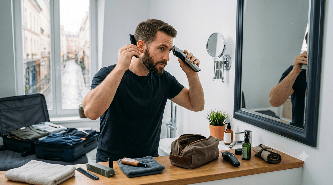 A man using a hair trimmer in a hotel bathroom, with an open suitcase in the background.
